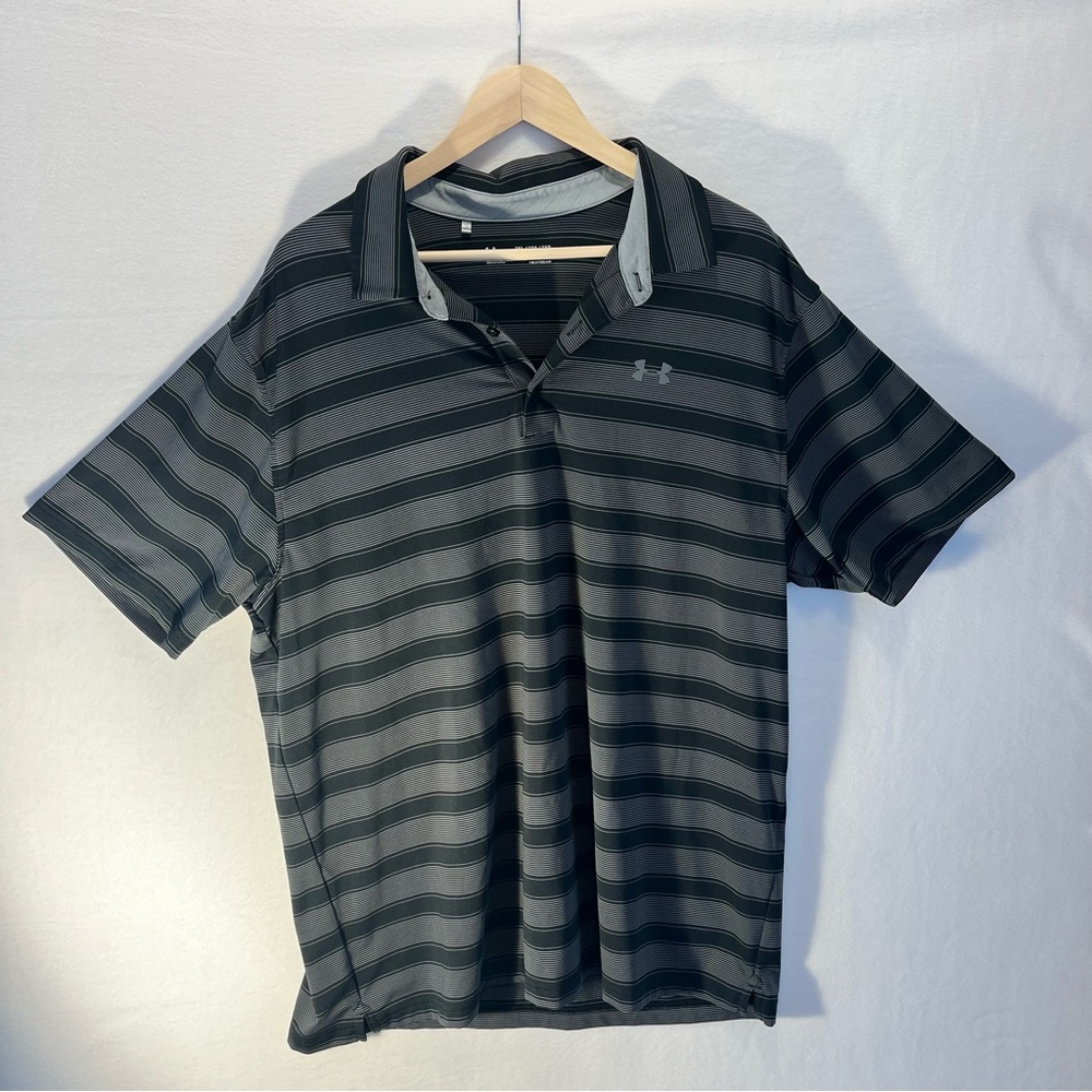 Under Armour Polo Shirt Mens 2XL Loose Heat Gear Black/Gray Stripe Performance